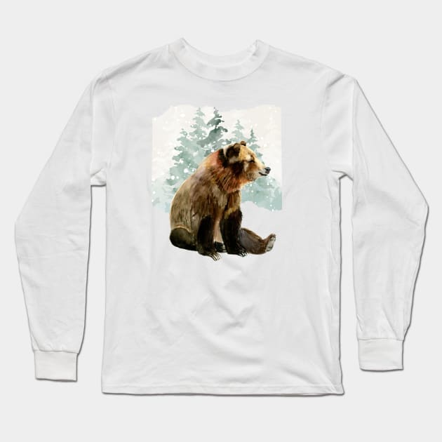 Watercolor grizzly bear sitting Long Sleeve T-Shirt by ProWaterShop